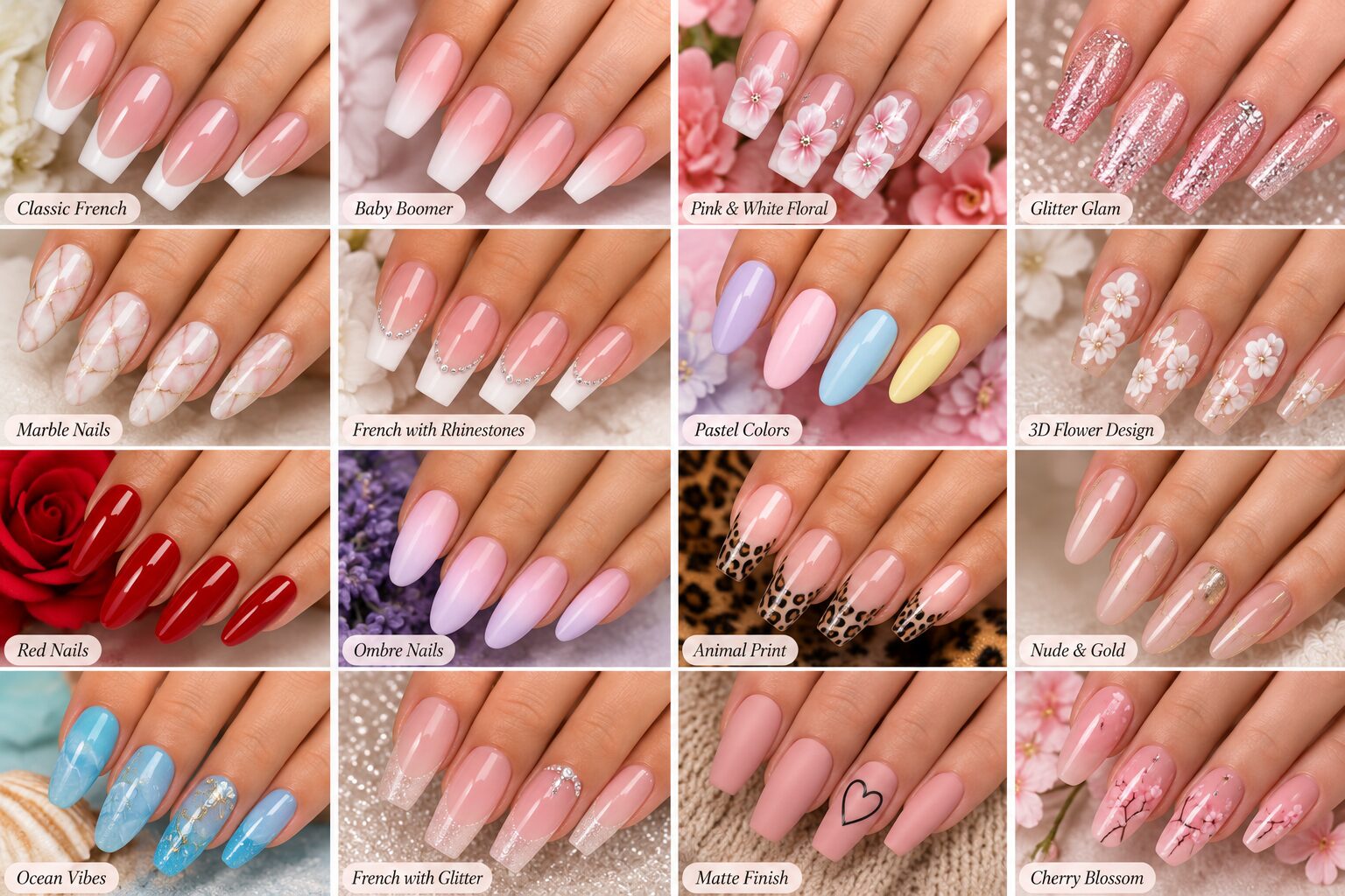 Sixteen Italia nail designs, including Classic French, Baby Boomer, pink and white floral, glitter glam, marble, French with rhinestones, pastel colors, 3D flowers, red, ombre, animal print, nude and gold, ocean vibes, French with glitter, matte finish and cherry blossom